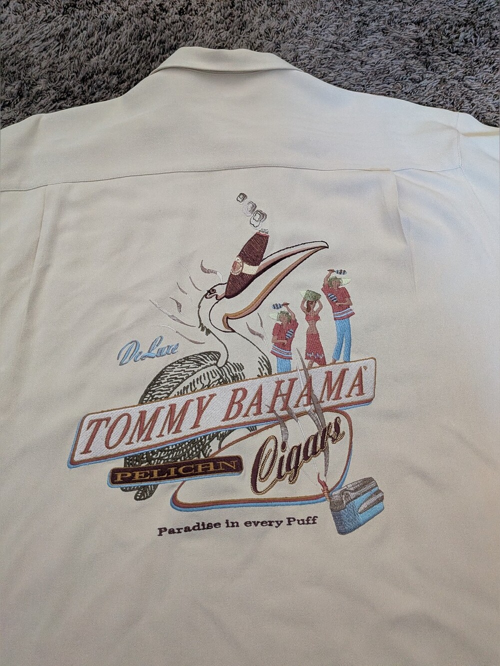 Tommy Bahama Pelican Cigars Silk Embroidered Ivory SS Button Shirt Men's L